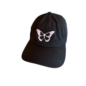 Black Baseball Cap Embroidered Butterfly Design Adjustable